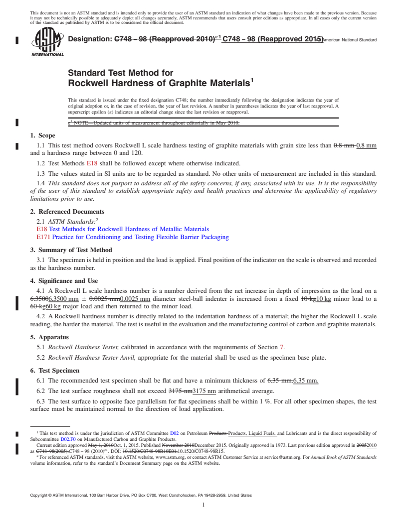 REDLINE ASTM C748-98(2015) - Standard Test Method for  Rockwell Hardness of Graphite Materials