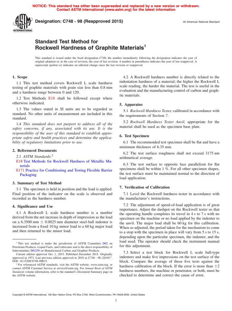 ASTM C748-98(2015) - Standard Test Method for  Rockwell Hardness of Graphite Materials