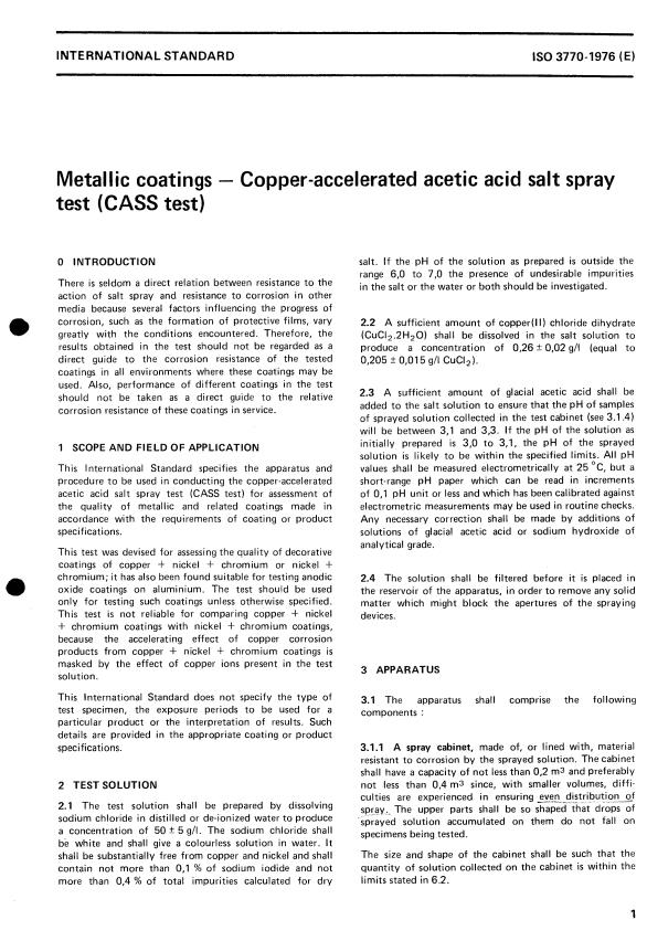 ISO 3770:1976 - Metallic coatings -- Copper-accelerated acetic acid salt spray test (CASS test)