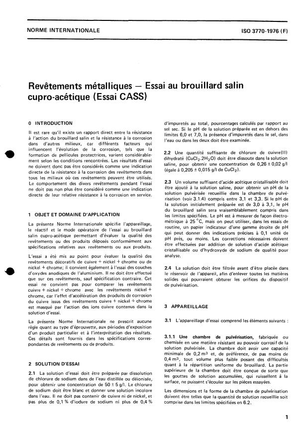ISO 3770:1976 - Revetements métalliques -- Essai au brouillard salin cupro-acétique (Essai CASS)