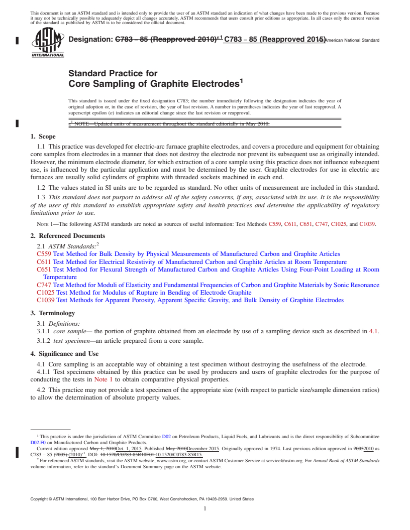 REDLINE ASTM C783-85(2015) - Standard Practice for  Core Sampling of Graphite Electrodes