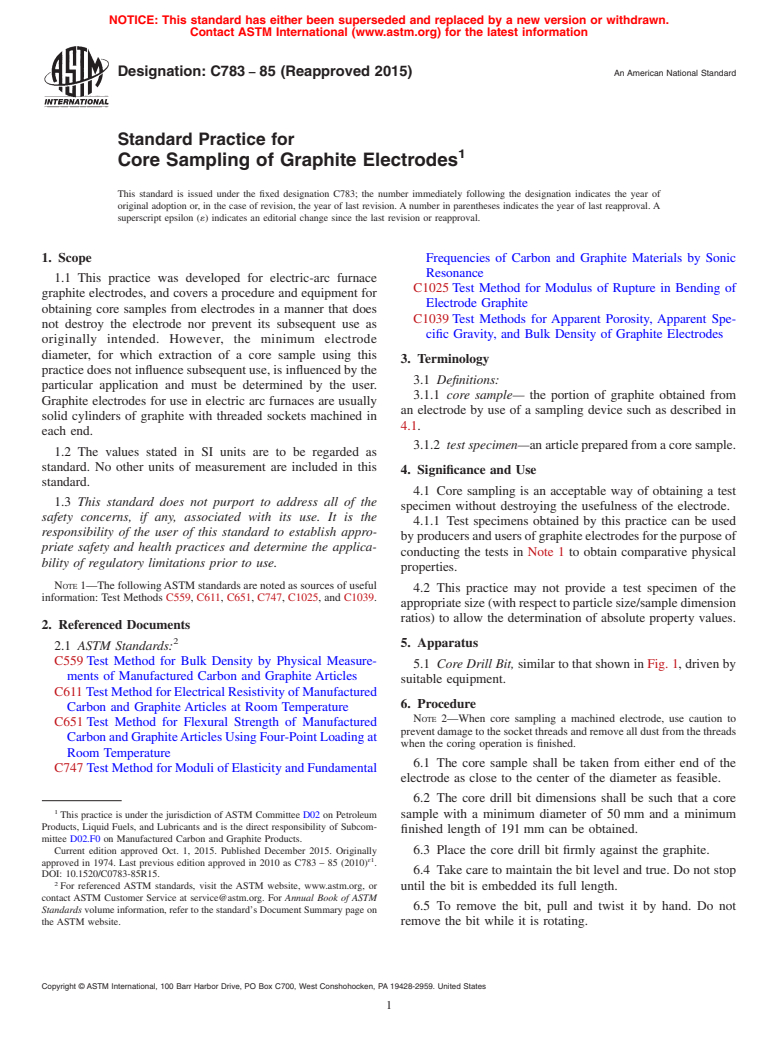 ASTM C783-85(2015) - Standard Practice for  Core Sampling of Graphite Electrodes