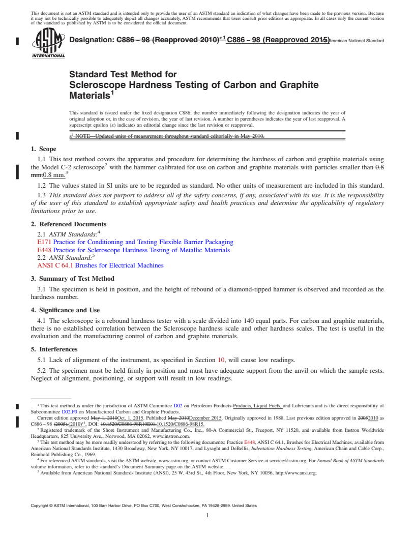 REDLINE ASTM C886-98(2015) - Standard Test Method for  Scleroscope Hardness Testing of Carbon and Graphite Materials