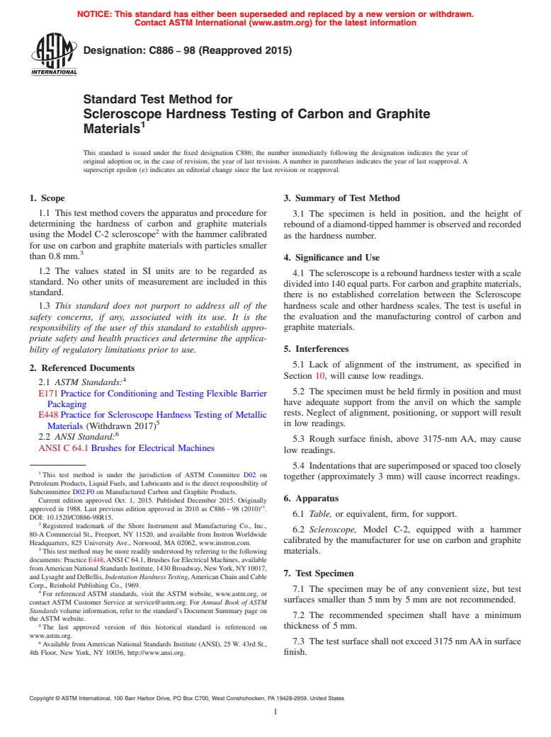 ASTM C886-98(2015) - Standard Test Method for  Scleroscope Hardness Testing of Carbon and Graphite Materials