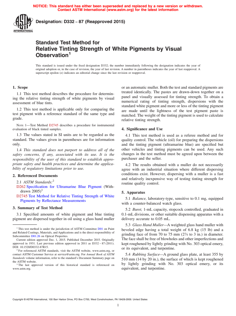 ASTM D332-87(2015) - Standard Test Method for Relative Tinting Strength of White Pigments by Visual Observation