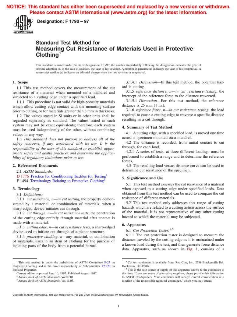 ASTM F1790-97 - Standard Test Method for Measuring Cut Resistance of Materials Used in Protective Clothing