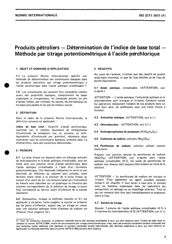 ISO 3771:1977 - Produits pétroliers -- Détermination de l'indice de base total -- Méthode par titrage potentiométrique a l'acide perchlorique