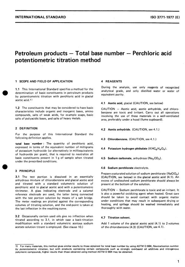 ISO 3771:1977 - Petroleum products -- Total base number -- Perchloric acid potentiometric titration method