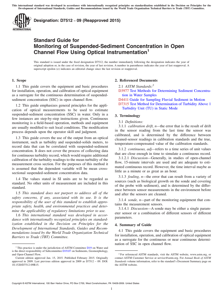 ASTM D7512-09(2015) - Standard Guide for  Monitoring of Suspended-Sediment Concentration in Open Channel   Flow Using Optical Instrumentation