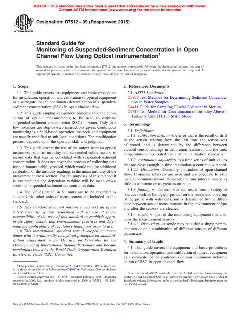 ASTM D7512-09(2015) - Standard Guide for  Monitoring of Suspended-Sediment Concentration in Open Channel   Flow Using Optical Instrumentation