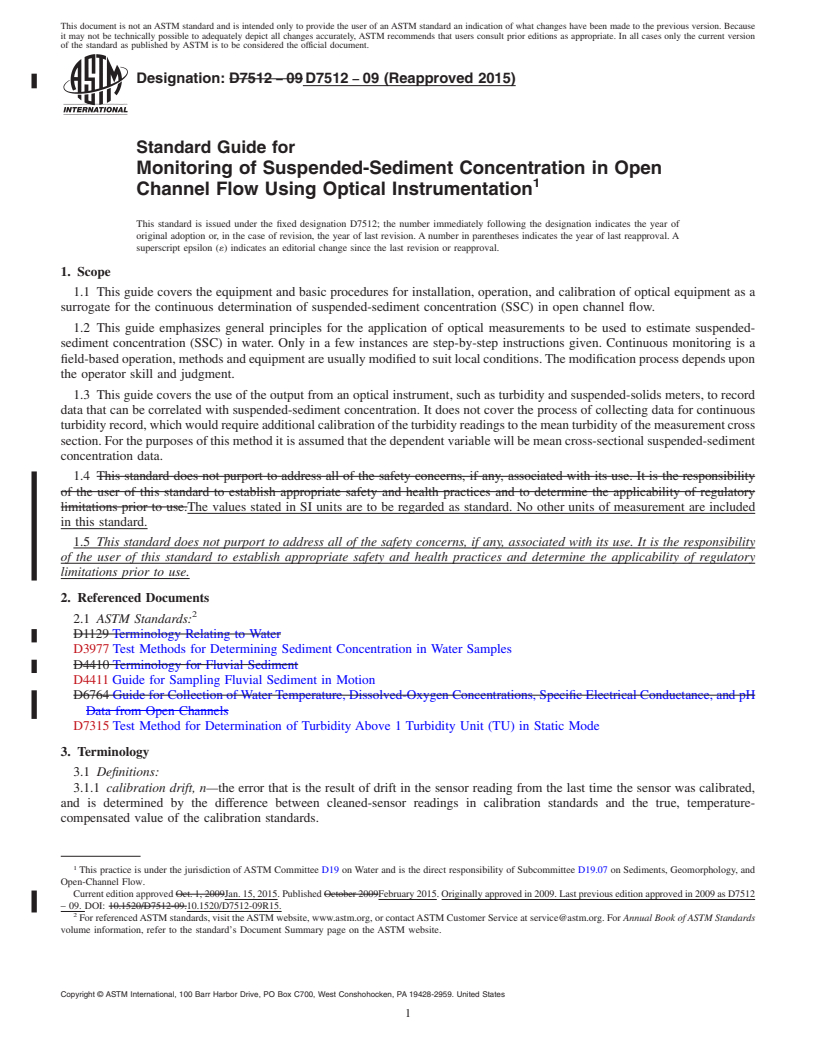 REDLINE ASTM D7512-09(2015) - Standard Guide for  Monitoring of Suspended-Sediment Concentration in Open Channel   Flow Using Optical Instrumentation