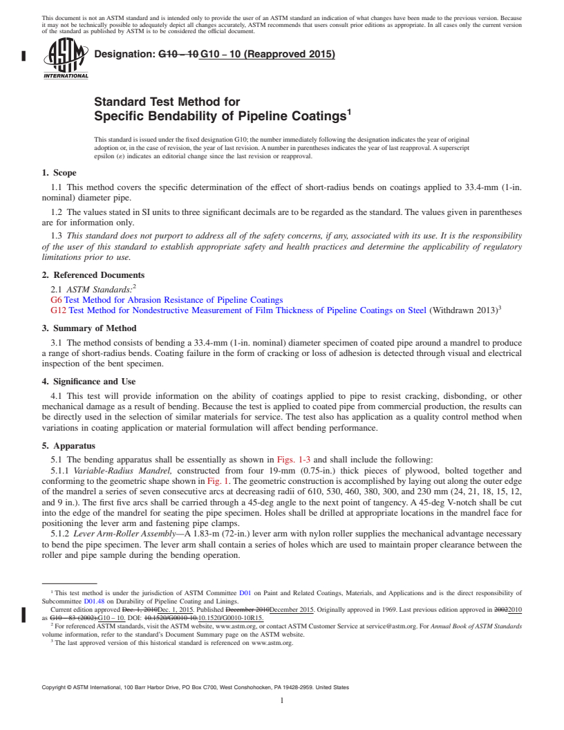 REDLINE ASTM G10-10(2015) - Standard Test Method for Specific Bendability of Pipeline Coatings