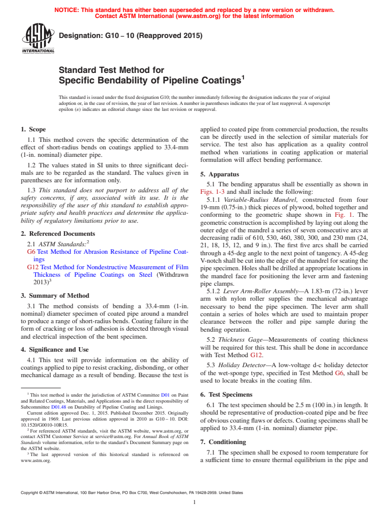 ASTM G10-10(2015) - Standard Test Method for Specific Bendability of Pipeline Coatings