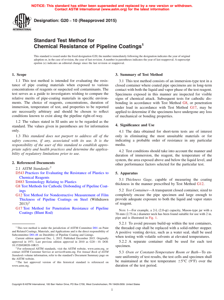 ASTM G20-10(2015) - Standard Test Method for Chemical Resistance of Pipeline Coatings