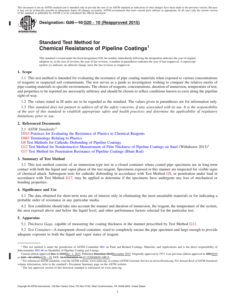 REDLINE ASTM G20-10(2015) - Standard Test Method for Chemical Resistance of Pipeline Coatings