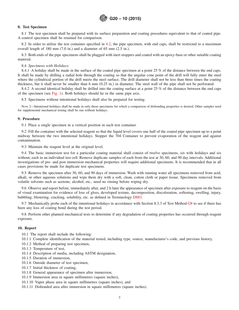 REDLINE ASTM G20-10(2015) - Standard Test Method for Chemical Resistance of Pipeline Coatings