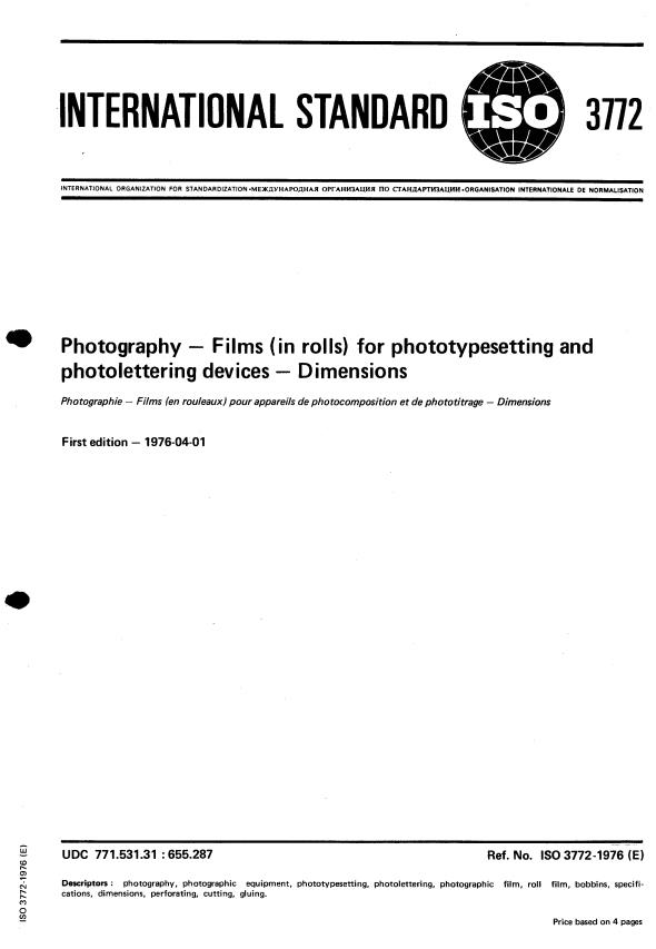 ISO 3772:1976 - Photography -- Films (in rolls) for phototypesetting and photolettering devices -- Dimensions