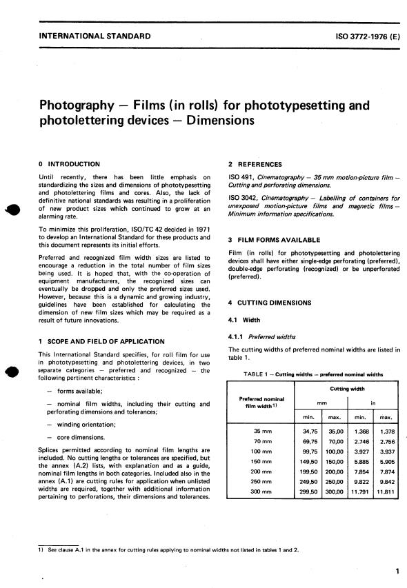 ISO 3772:1976 - Photography -- Films (in rolls) for phototypesetting and photolettering devices -- Dimensions