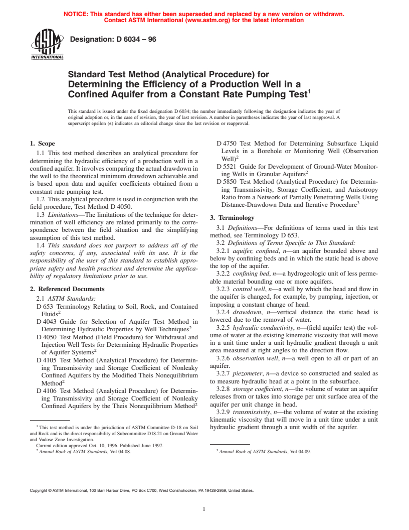 ASTM D6034-96 - Standard Test Method (Analytical Procedure) for Determining the Efficiency of a Production Well in a Confined Aquifer from a Constant Rate Pumping Test