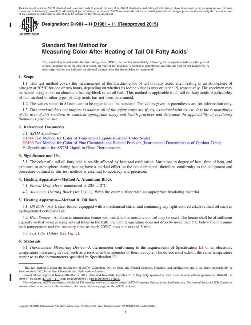 REDLINE ASTM D1981-11(2015) - Standard Test Method for Measuring Color After Heating of Tall Oil Fatty Acids