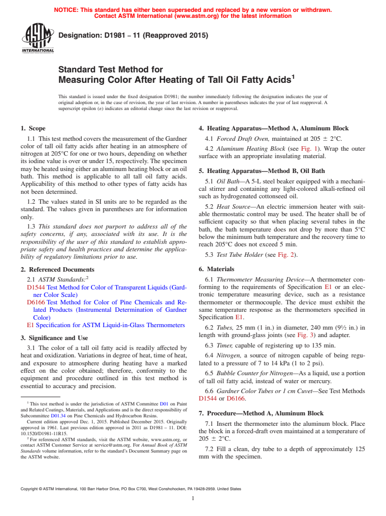 ASTM D1981-11(2015) - Standard Test Method for Measuring Color After Heating of Tall Oil Fatty Acids