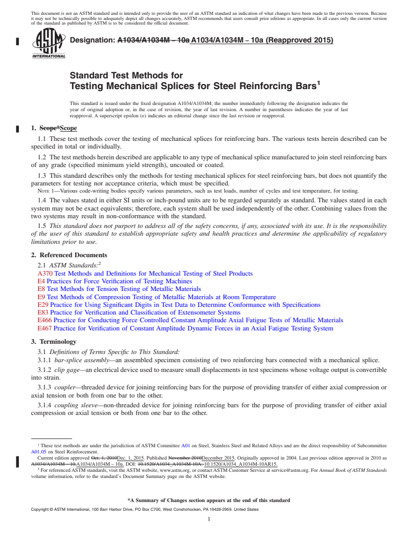 REDLINE ASTM A1034/A1034M-10a(2015) - Standard Test Methods for  Testing Mechanical Splices for Steel Reinforcing Bars