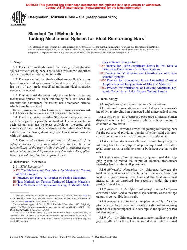 ASTM A1034/A1034M-10a(2015) - Standard Test Methods for  Testing Mechanical Splices for Steel Reinforcing Bars