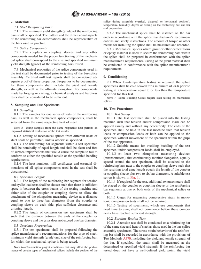 ASTM A1034/A1034M-10a(2015) - Standard Test Methods for  Testing Mechanical Splices for Steel Reinforcing Bars