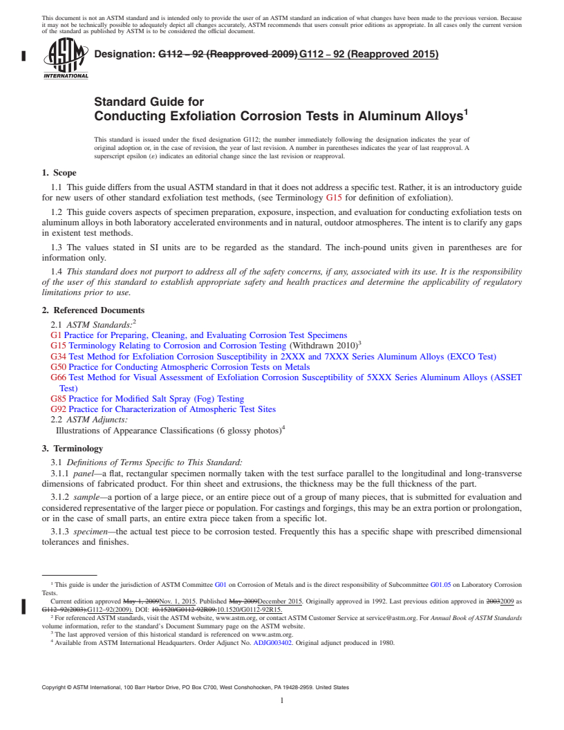 REDLINE ASTM G112-92(2015) - Standard Guide for  Conducting Exfoliation Corrosion Tests in Aluminum Alloys