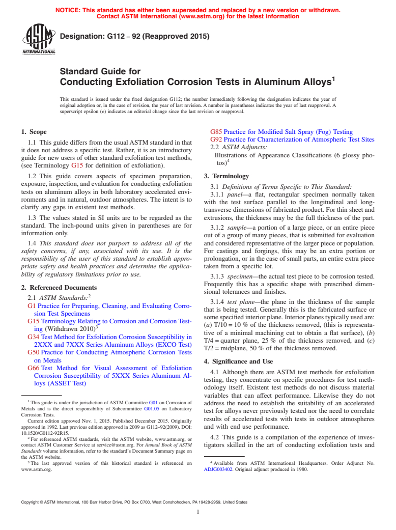 ASTM G112-92(2015) - Standard Guide for  Conducting Exfoliation Corrosion Tests in Aluminum Alloys