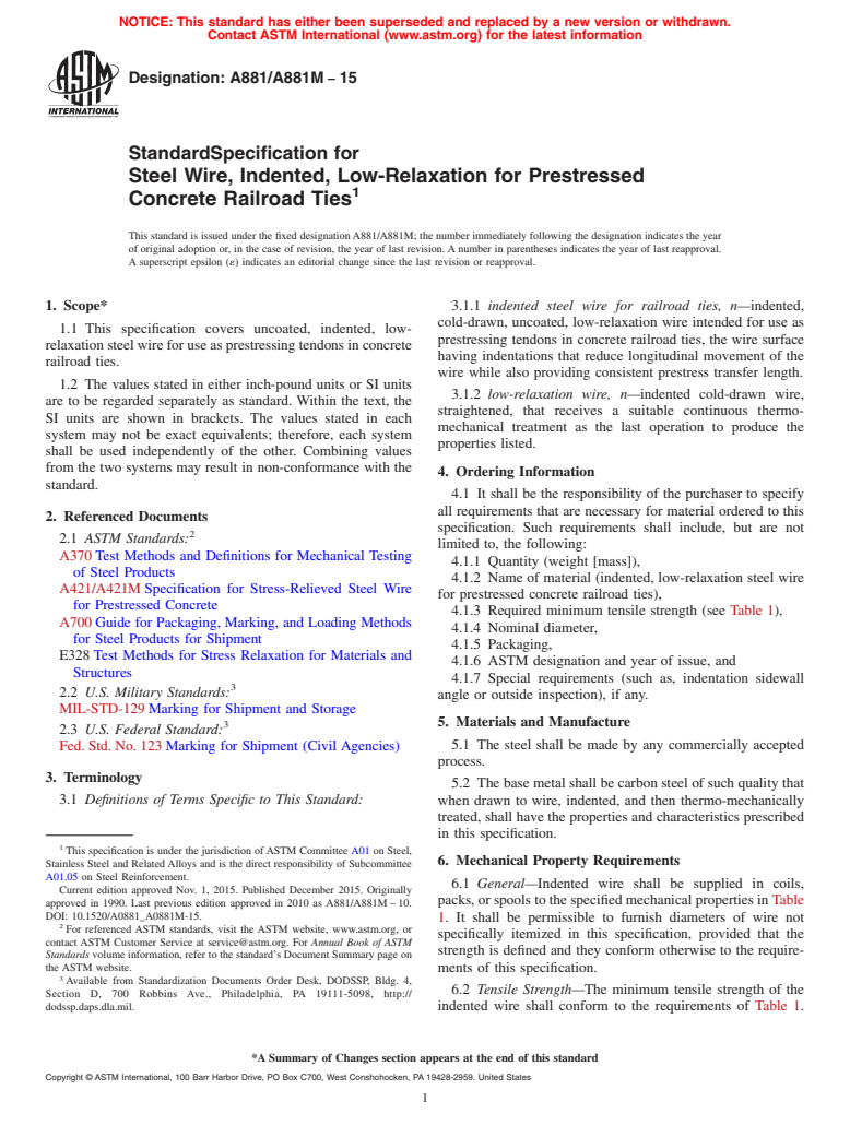 ASTM A881/A881M-15 - Standard Specification for  Steel Wire, Indented, Low-Relaxation for Prestressed Concrete  Railroad Ties