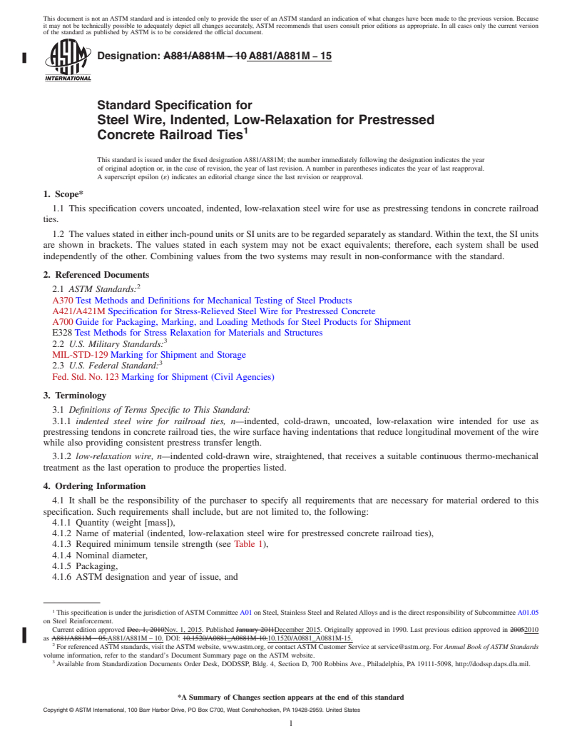 REDLINE ASTM A881/A881M-15 - Standard Specification for  Steel Wire, Indented, Low-Relaxation for Prestressed Concrete  Railroad Ties