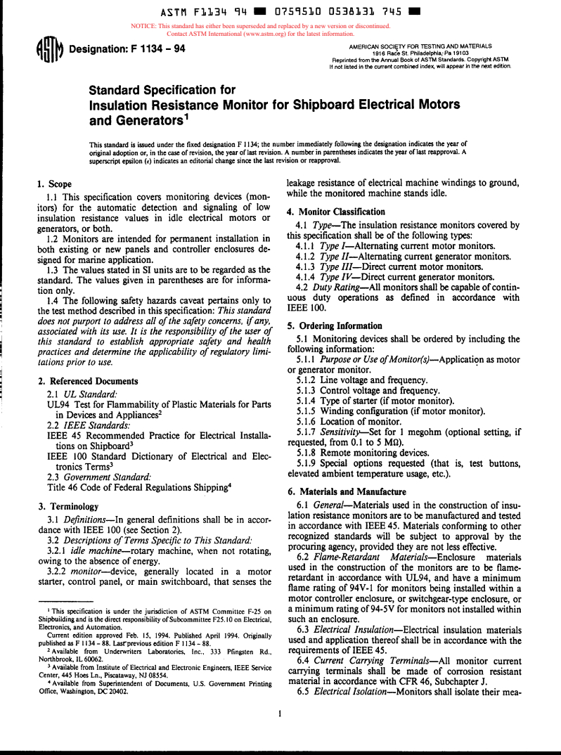 ASTM F1134-94 - Standard Specification for Insulation Resistance Monitor for Shipboard Electrical Motors and Generators