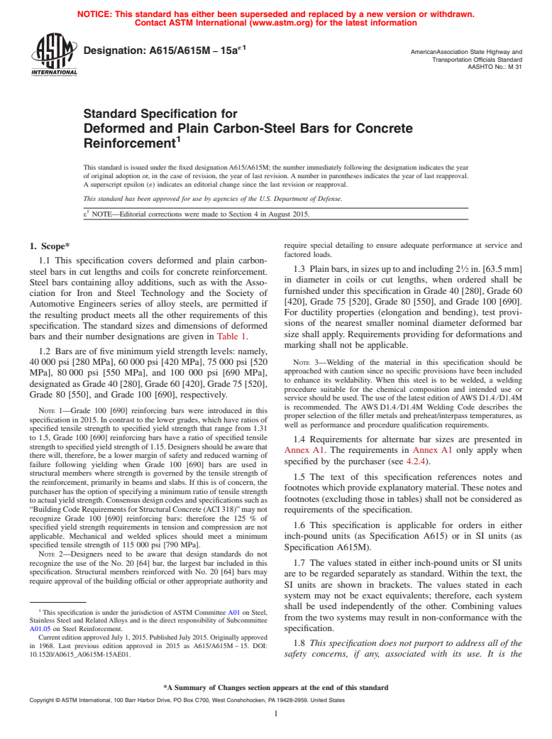 ASTM A615/A615M-15ae1 - Standard Specification for  Deformed and Plain Carbon-Steel Bars for Concrete Reinforcement