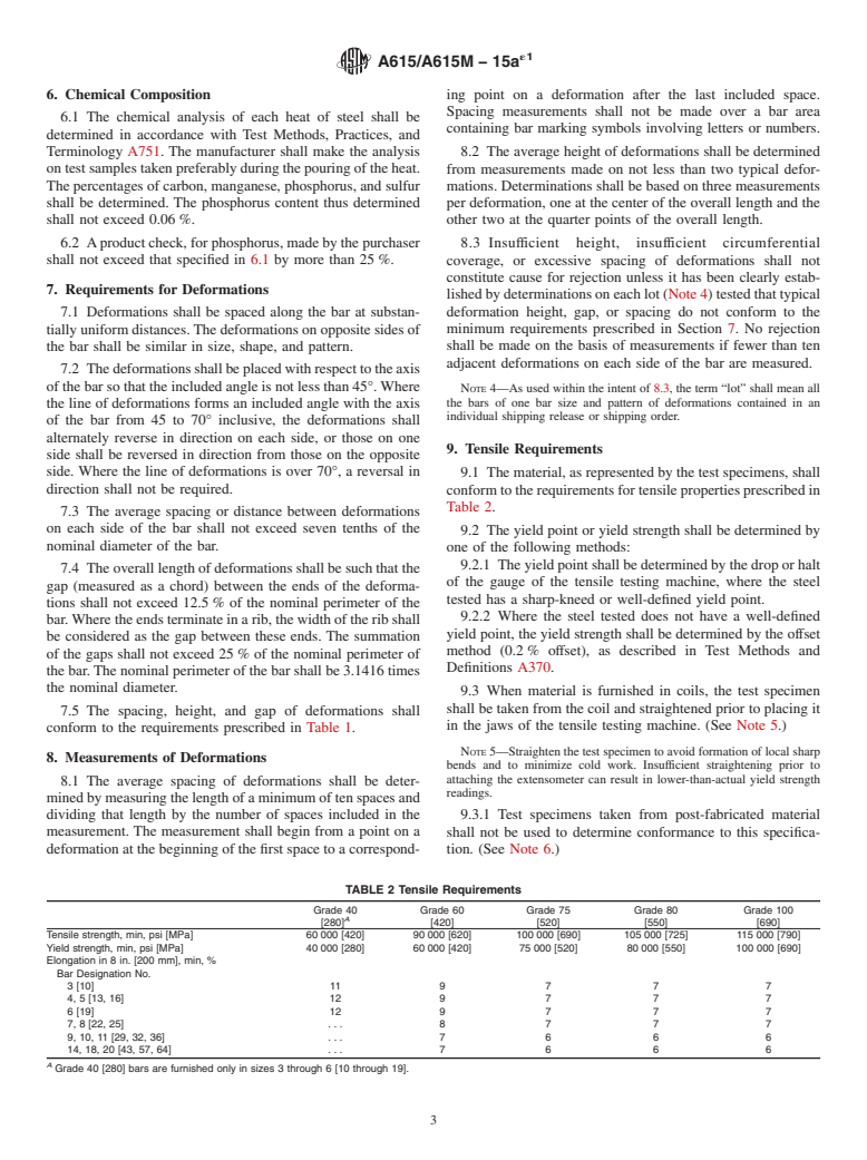 ASTM A615/A615M-15ae1 - Standard Specification for  Deformed and Plain Carbon-Steel Bars for Concrete Reinforcement