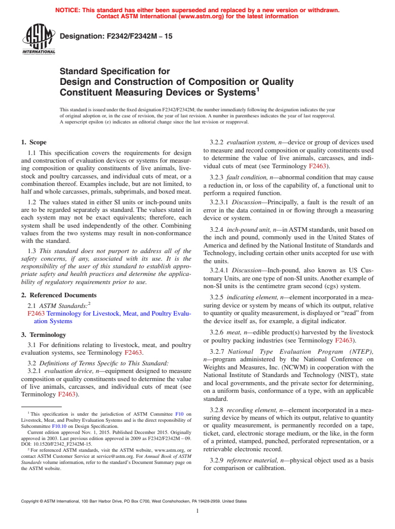 ASTM F2342/F2342M-15 - Standard Specification for  Design and Construction of Composition or Quality Constituent  Measuring Devices or Systems