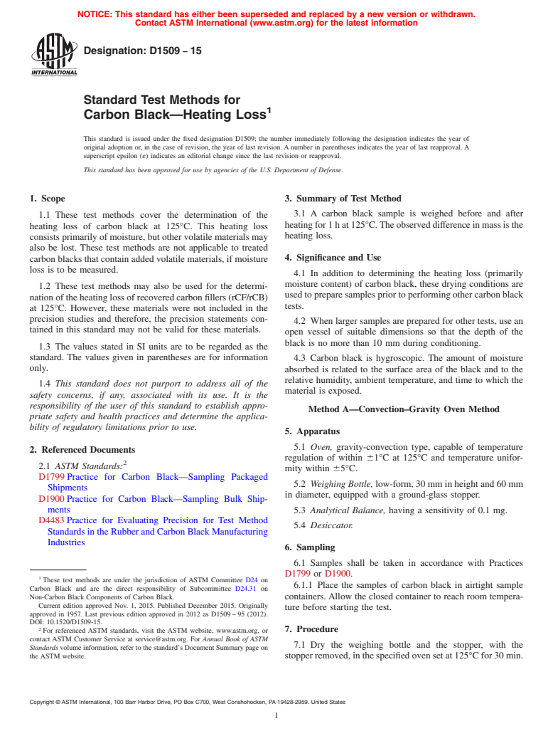 ASTM D1509-15 - Standard Test Methods for Carbon Black&#x2014;Heating Loss