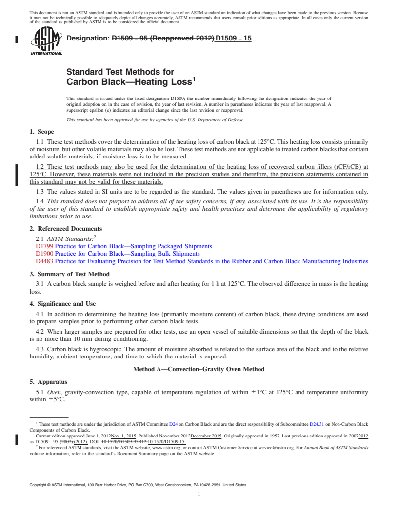 REDLINE ASTM D1509-15 - Standard Test Methods for Carbon Black&#x2014;Heating Loss