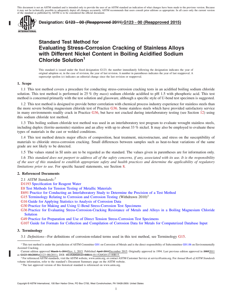 REDLINE ASTM G123-00(2015) - Standard Test Method for  Evaluating Stress-Corrosion Cracking of Stainless Alloys with  Different Nickel Content in Boiling Acidified Sodium Chloride Solution