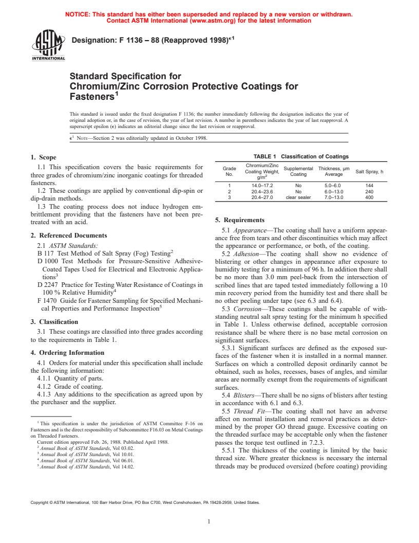 ASTM F1136-88(1998)e1 - Standard Specification for Chromium/Zinc Corrosion Protective Coatings for Fasteners