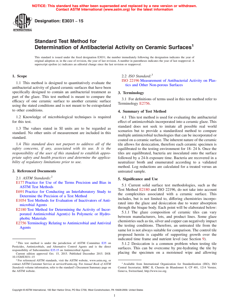 ASTM E3031-15 - Standard Test Method for Determination of Antibacterial Activity on Ceramic Surfaces