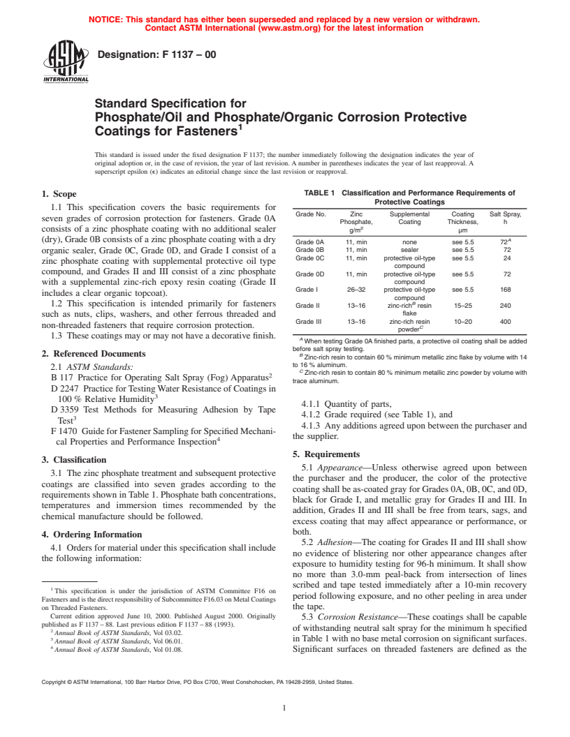 ASTM F1137-00 - Standard Specification for Phosphate/Oil and Phosphate/Organic Corrosion Protective Coatings for Fasteners