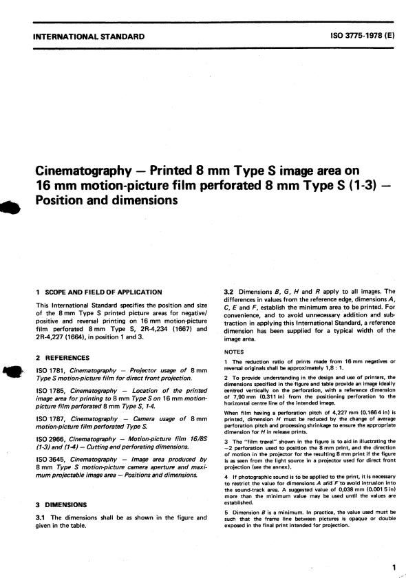 ISO 3775:1978 - Cinematography -- Printed 8 mm Type S image area on 16 mm motion-picture film perforated 8 mm Type S (1-3) -- Position and dimensions