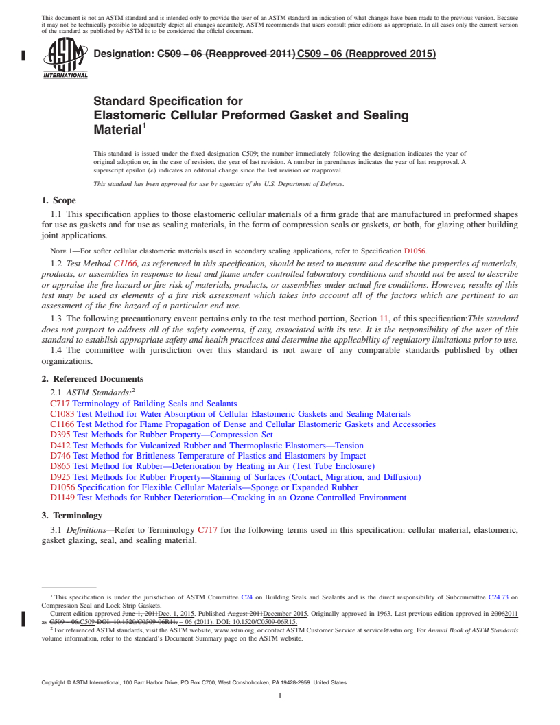 REDLINE ASTM C509-06(2015) - Standard Specification for  Elastomeric Cellular Preformed Gasket and Sealing<brk/> Material