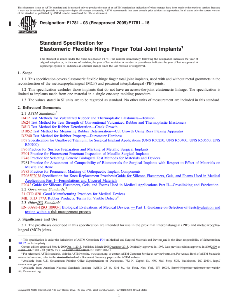 REDLINE ASTM F1781-15 - Standard Specification for  Elastomeric Flexible Hinge Finger Total Joint Implants
