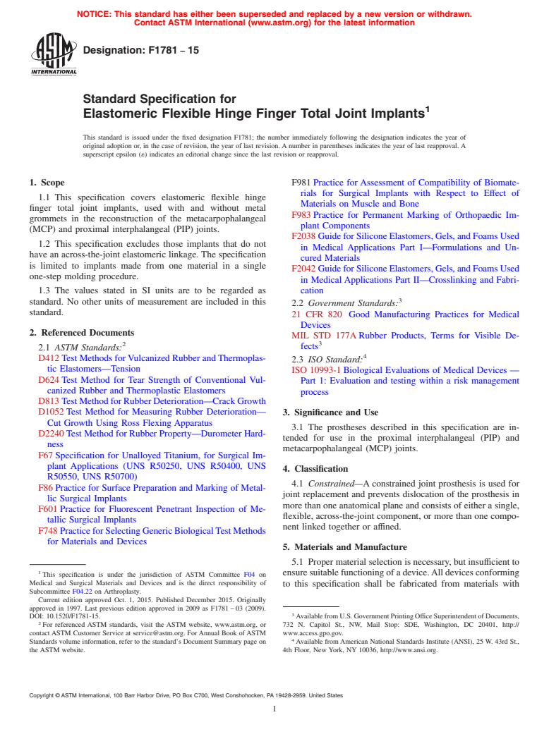 ASTM F1781-15 - Standard Specification for  Elastomeric Flexible Hinge Finger Total Joint Implants