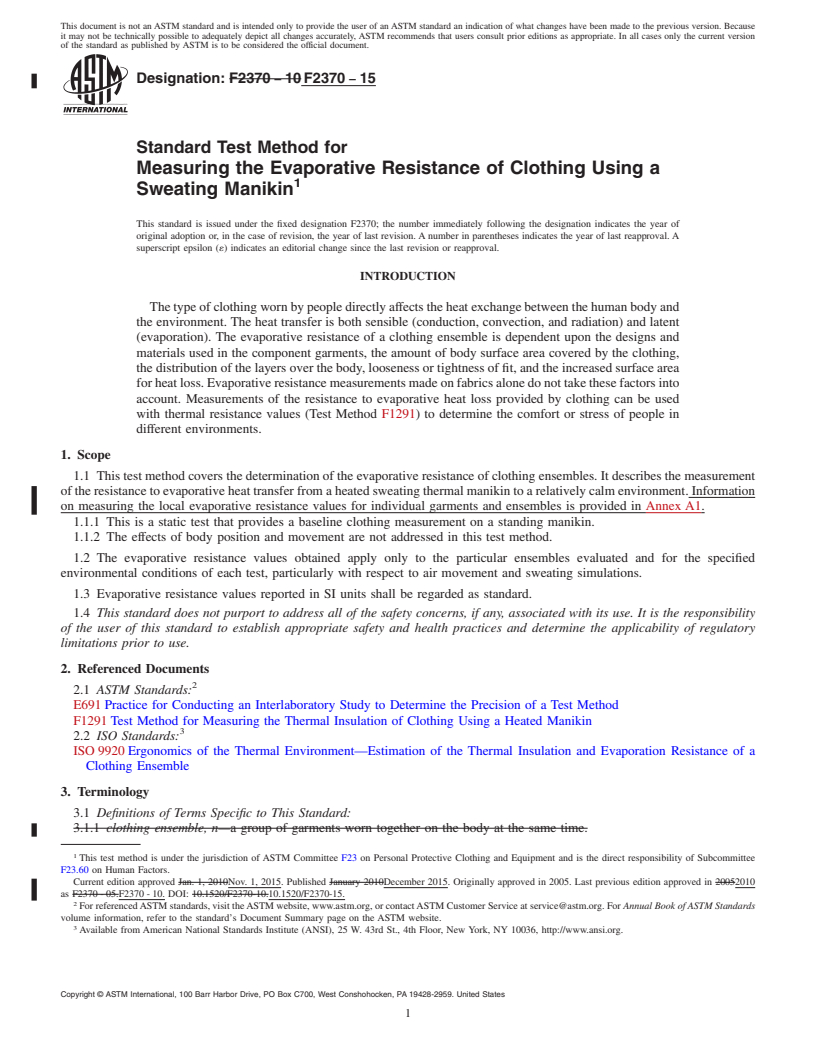 REDLINE ASTM F2370-15 - Standard Test Method for Measuring the Evaporative Resistance of Clothing Using a Sweating  Manikin
