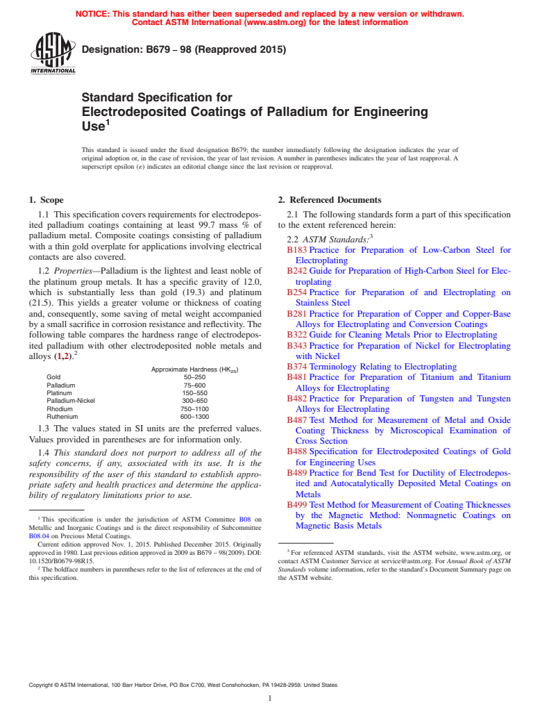 ASTM B679-98(2015) - Standard Specification for  Electrodeposited Coatings of Palladium for Engineering Use