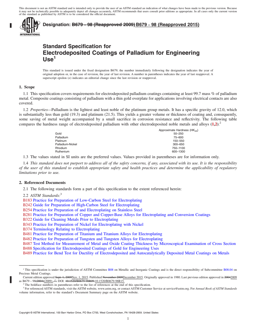 REDLINE ASTM B679-98(2015) - Standard Specification for  Electrodeposited Coatings of Palladium for Engineering Use