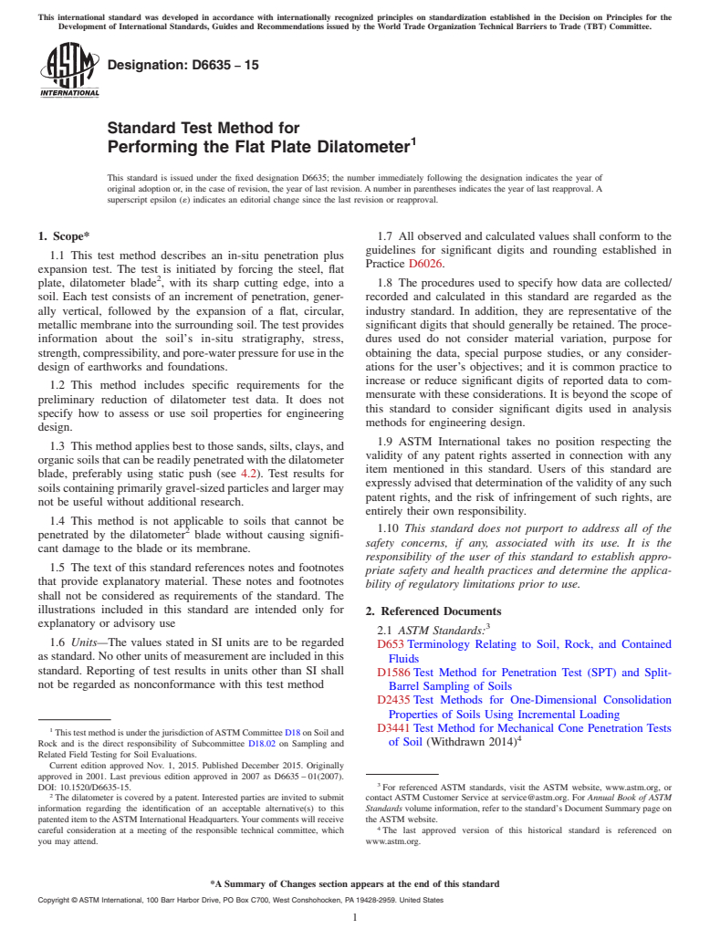 ASTM D6635-15 - Standard Test Method for  Performing the Flat Plate Dilatometer